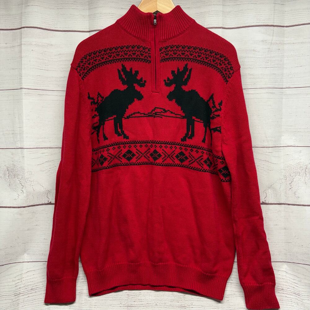 Chaps Red Moose Fair Isle Quarter Zip Sweater Mens Medium 100% Cotton Cabincore